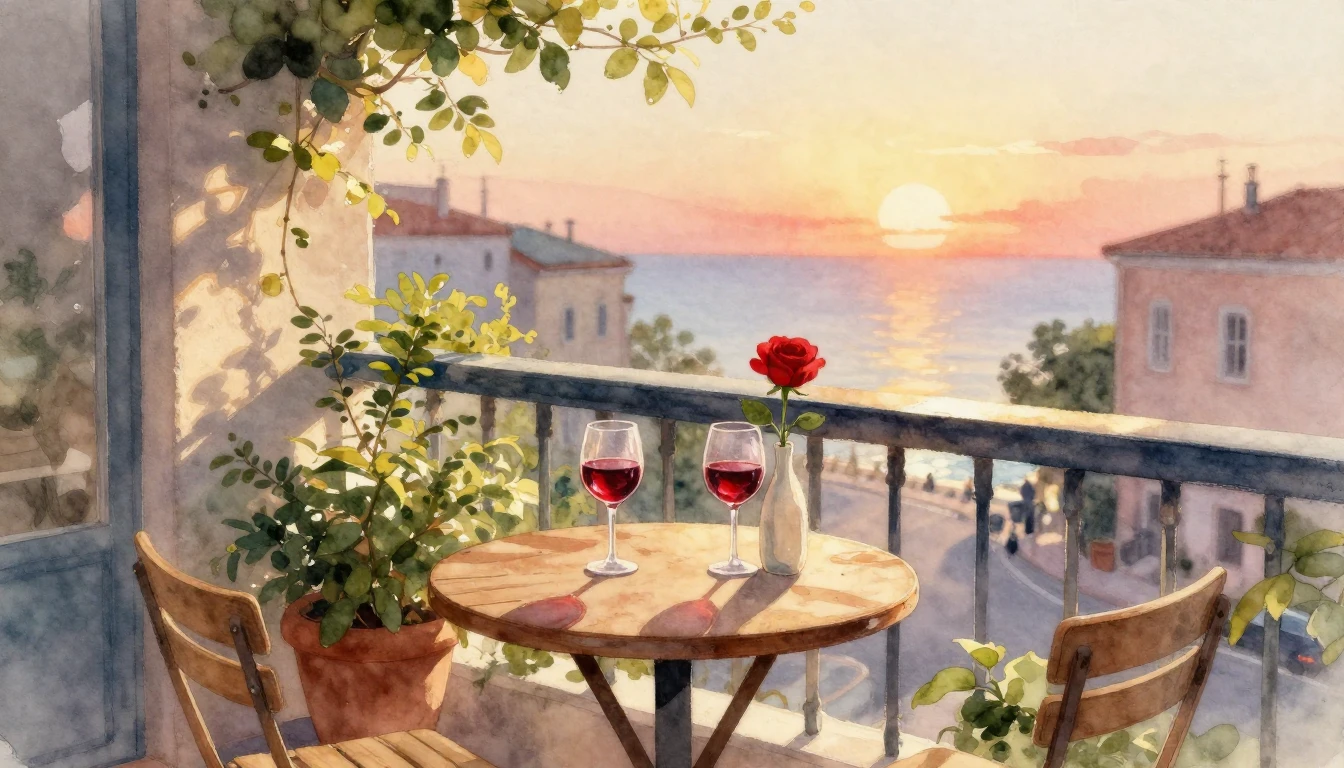 A romantic and intimate scene painted in soft watercolor sty...