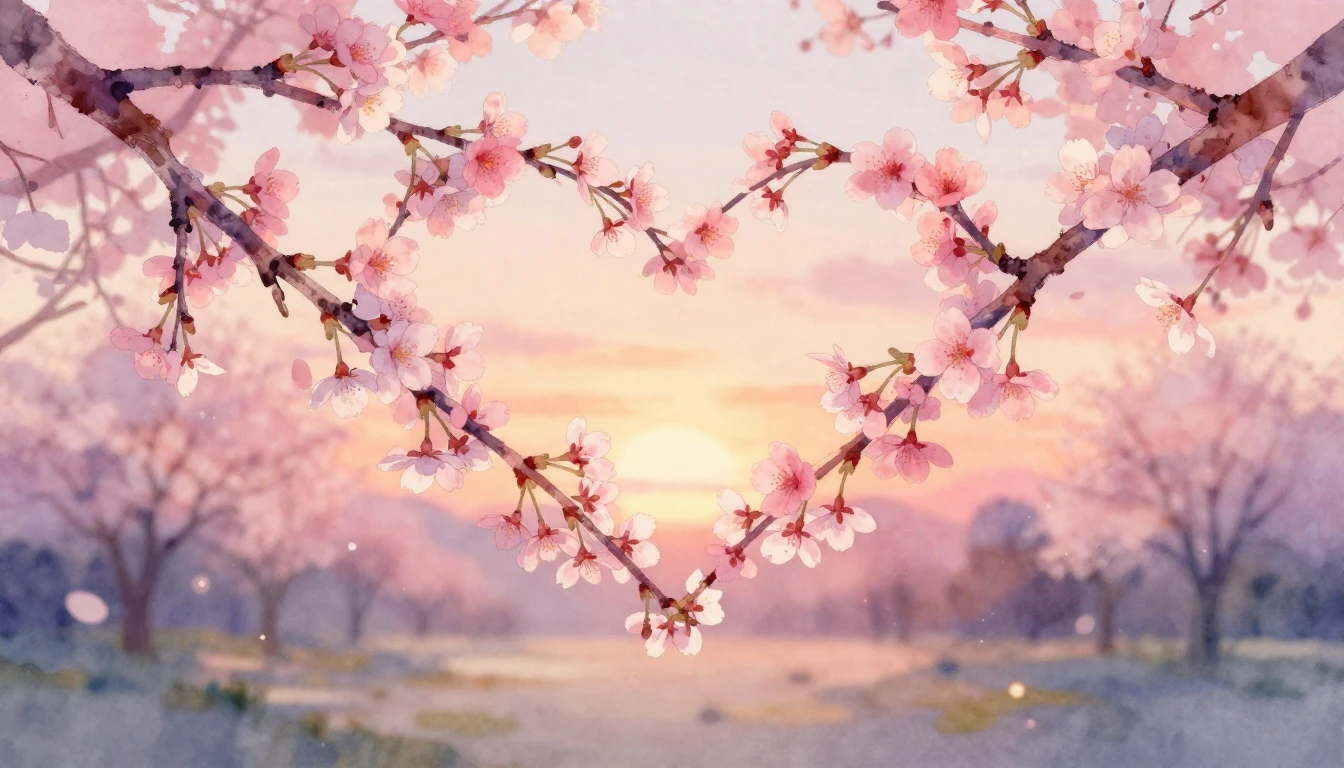 A delicate watercolor painting of two intertwined cherry blo...