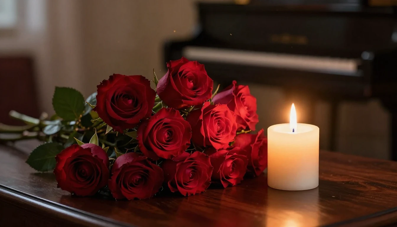 A high-detail, close-up photograph of a lush bouquet of deep...