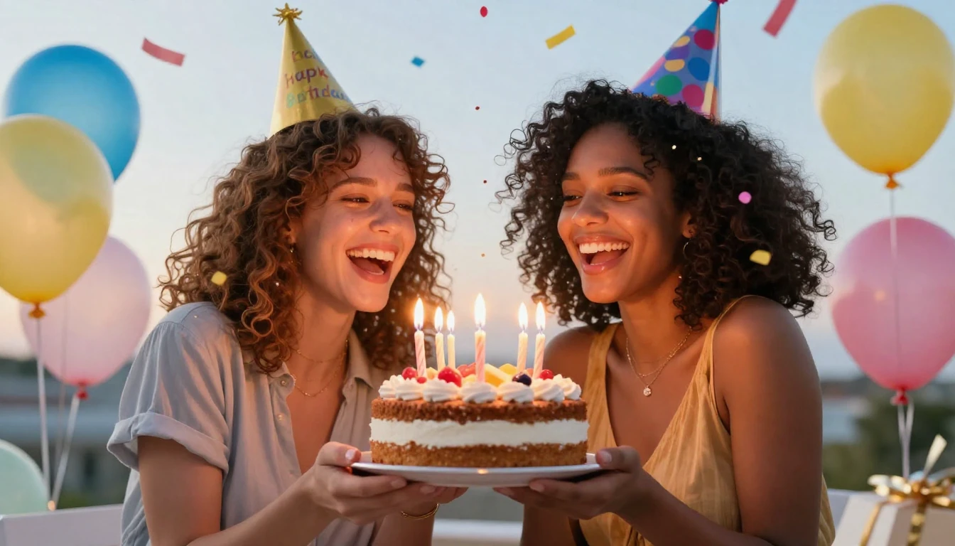 A joyful scene of two best friends celebrating a birthday, h...