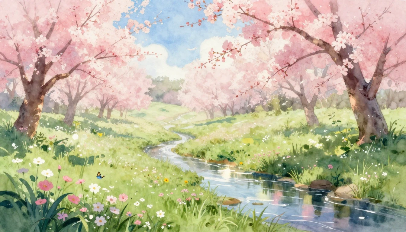 A breathtaking watercolor painting of a lush meadow in full ...