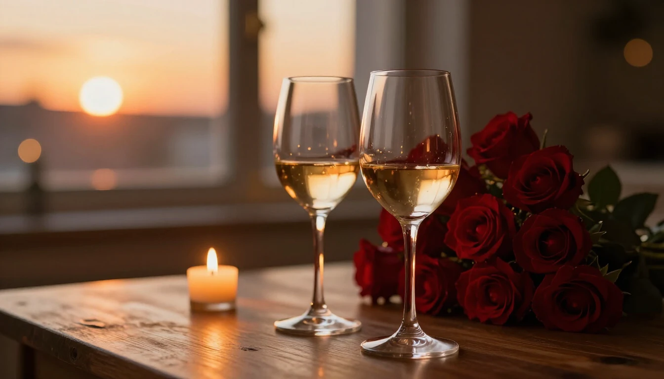 A close-up, photorealistic shot of two elegant wine glasses ...