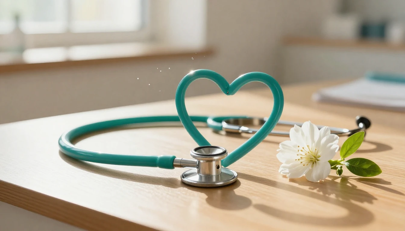 A heart-shaped stethoscope resting on a clean, sunlit wooden...