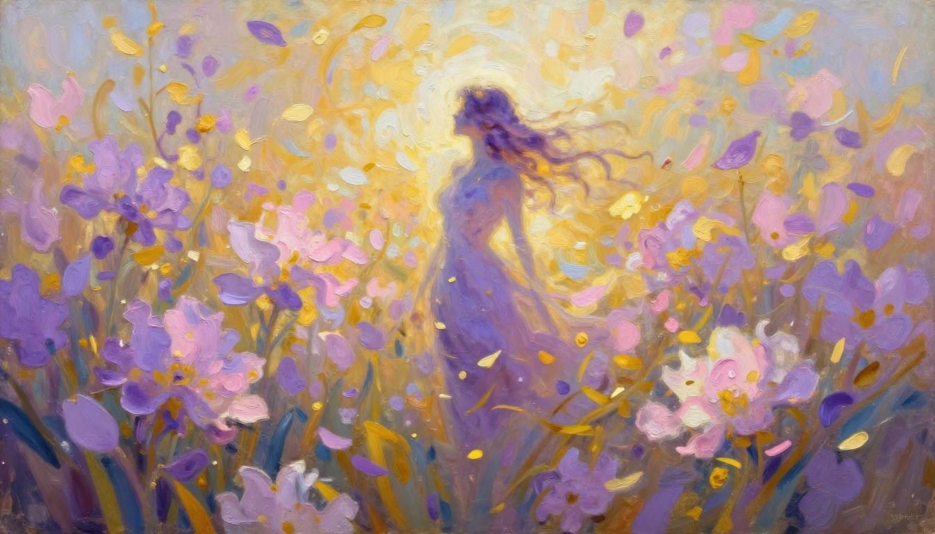 An impressionist oil painting depicting a vibrant field of b...