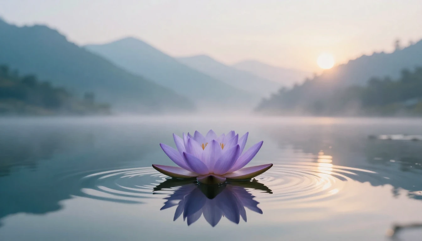 A serene and ethereal landscape featuring a single blooming ...