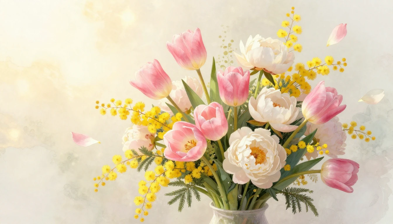 A beautiful bouquet of spring flowers including pink tulips,...