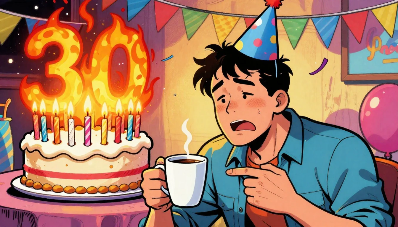 A humorous illustration of a 30th birthday party. A man look...