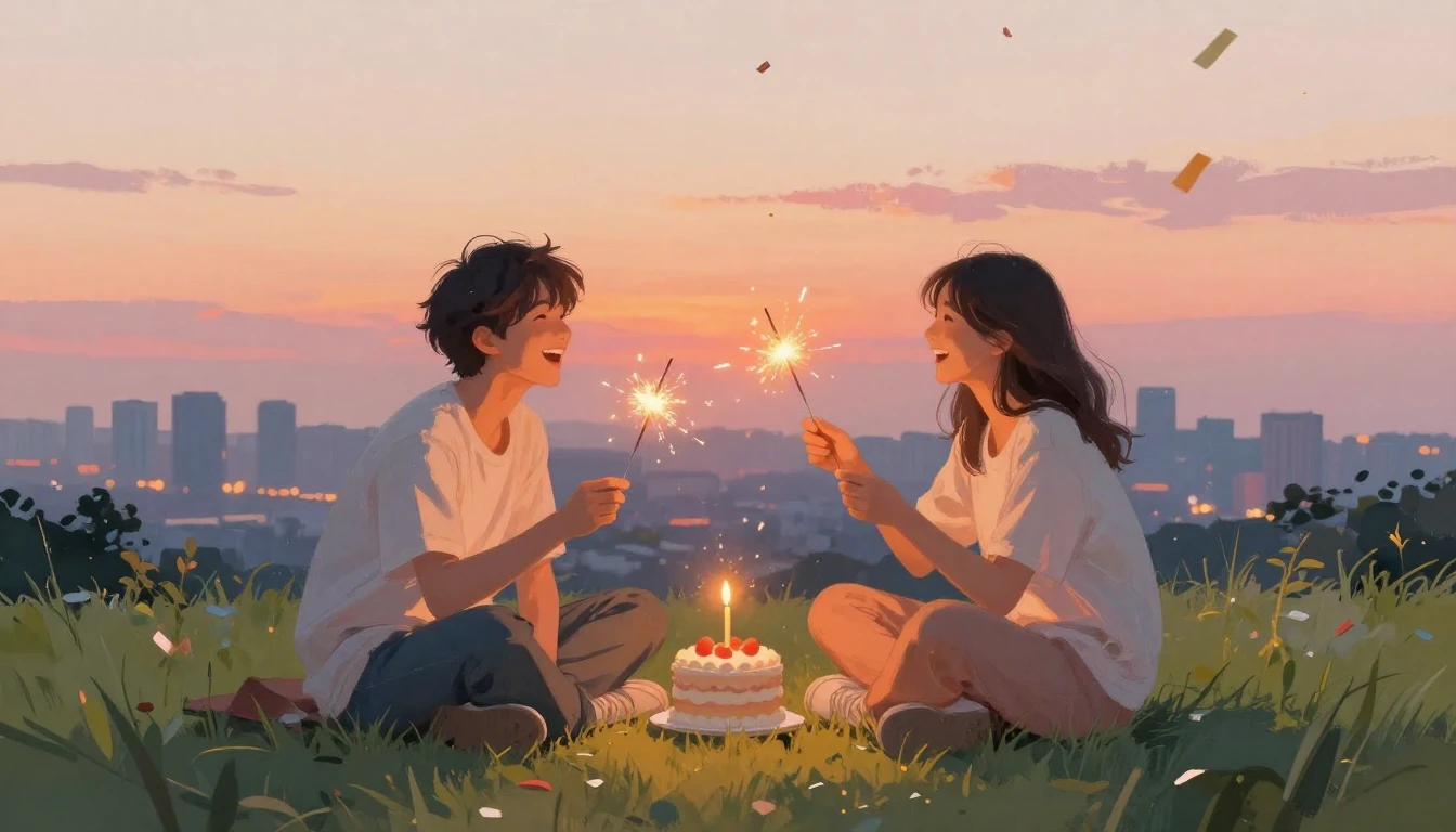 Two best friends sitting side by side on a grassy hill overl...