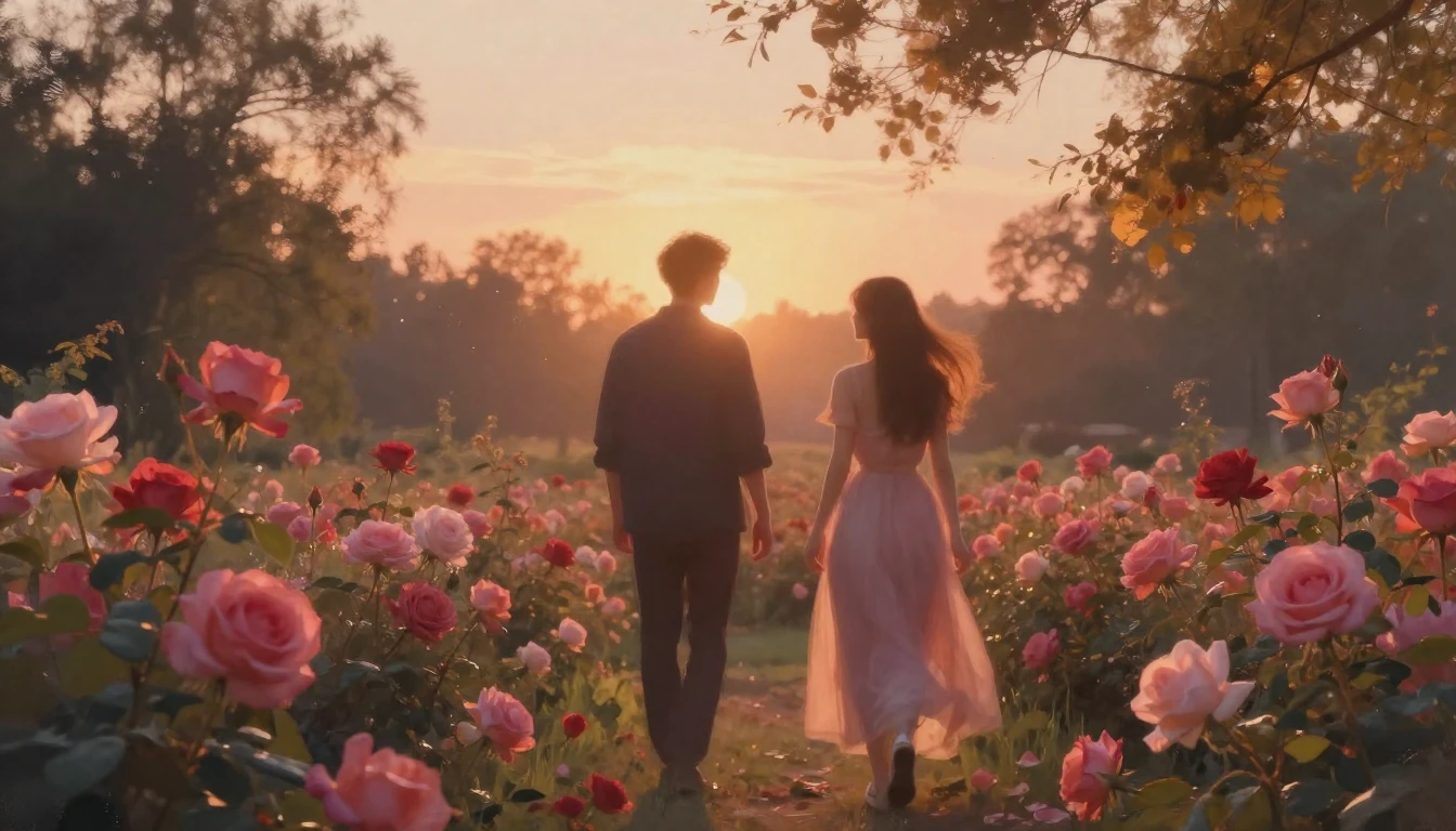 A dreamy and ethereal scene of two silhouettes walking throu...