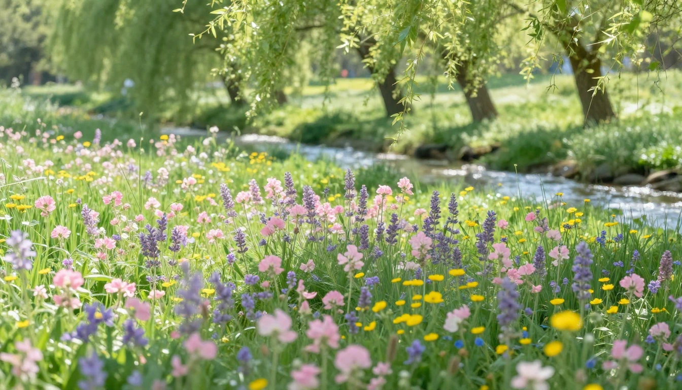 A vibrant scene depicting a lush meadow filled with blooming...