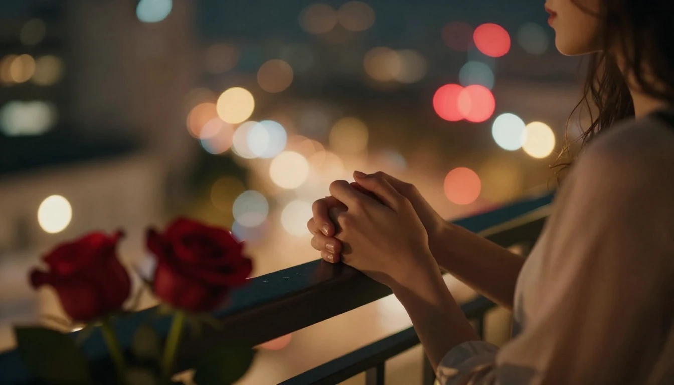 A cinematic, romantic close-up shot of a couple holding hand...