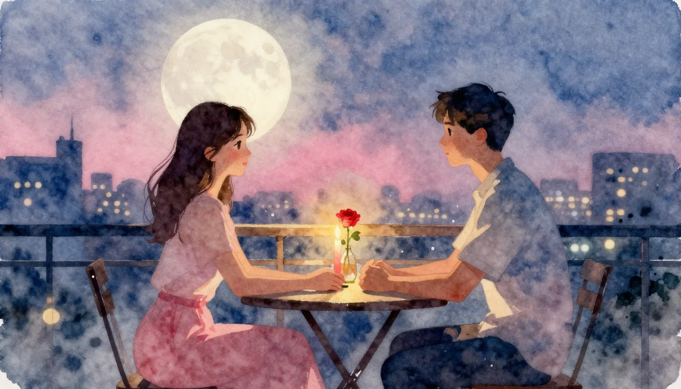 A romantic watercolor painting of a couple holding hands acr...