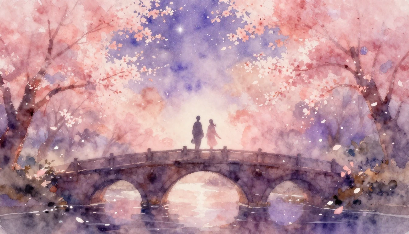 A soft and ethereal watercolor painting of two silhouettes s...