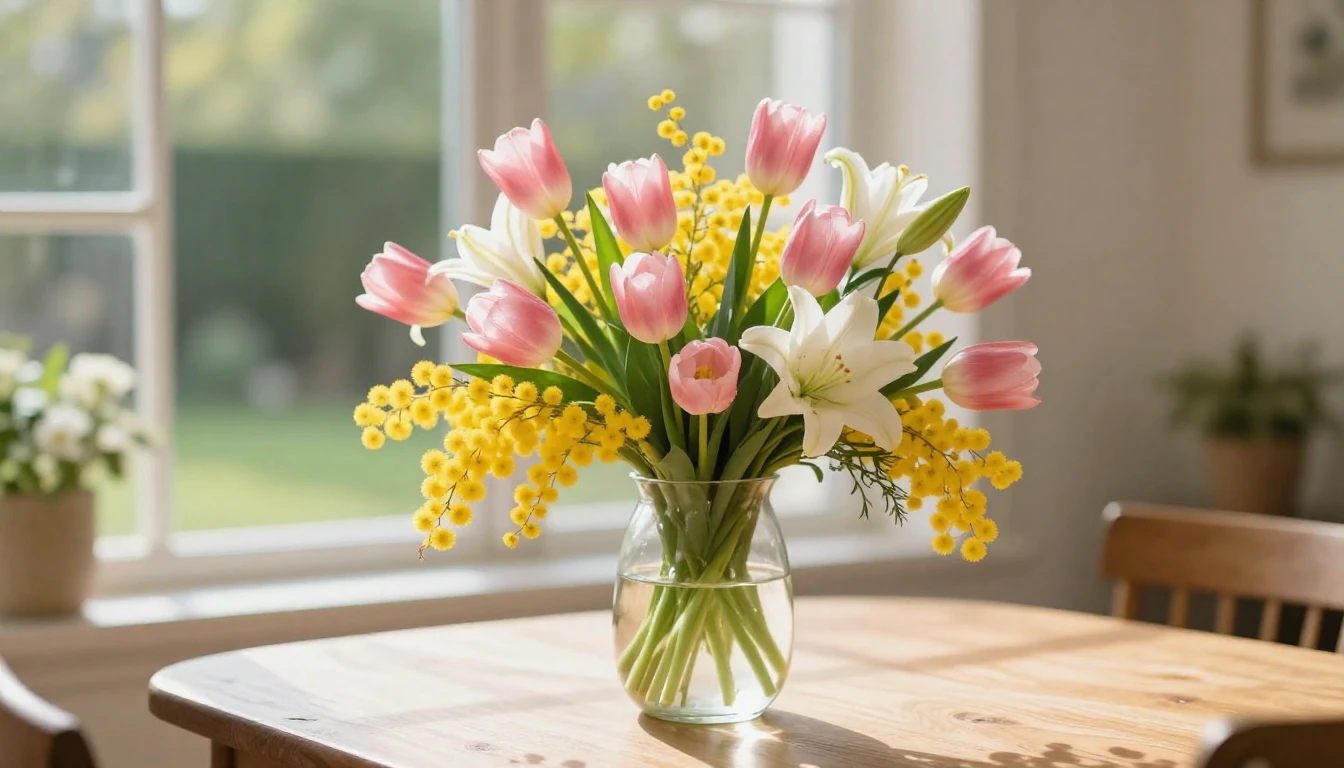 A beautiful and vibrant bouquet of spring flowers including ...