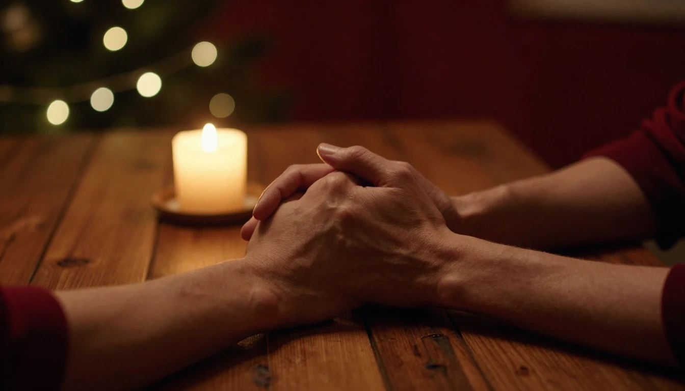 A cinematic close-up shot of a couple holding hands across a...