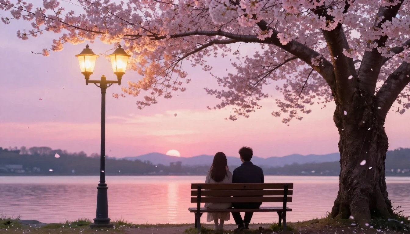 A romantic and dreamy scene featuring a silhouette of a coup...