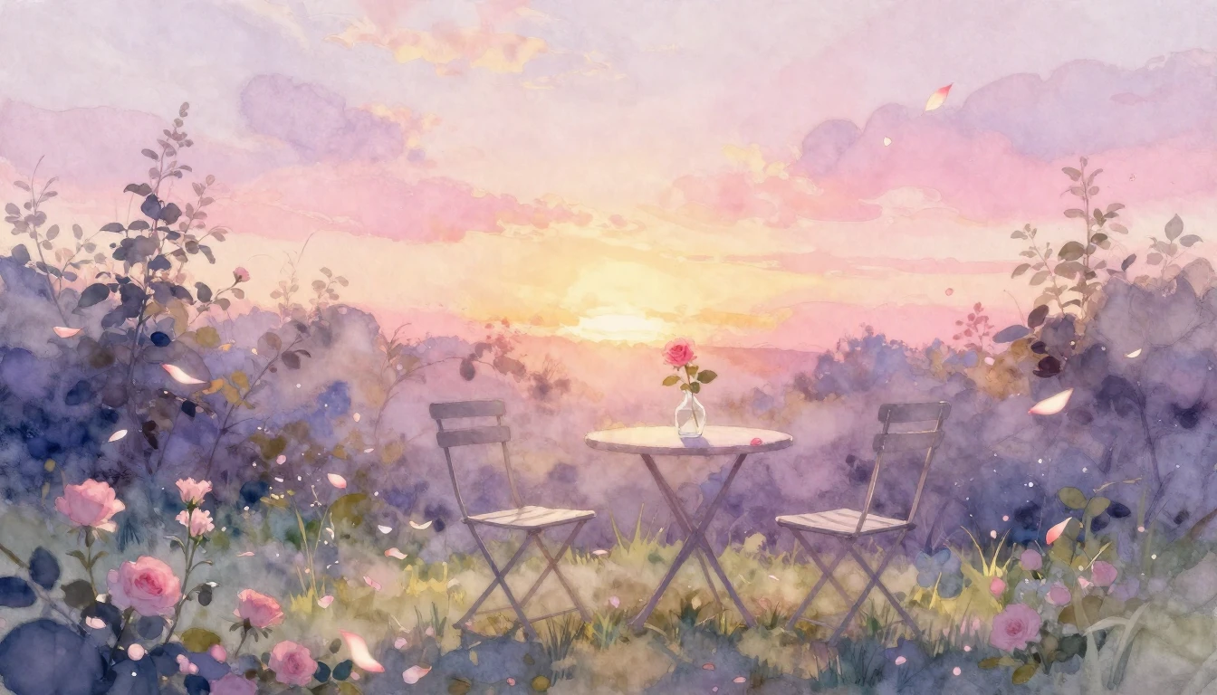 A soft watercolor painting of a serene garden at sunset. Two...