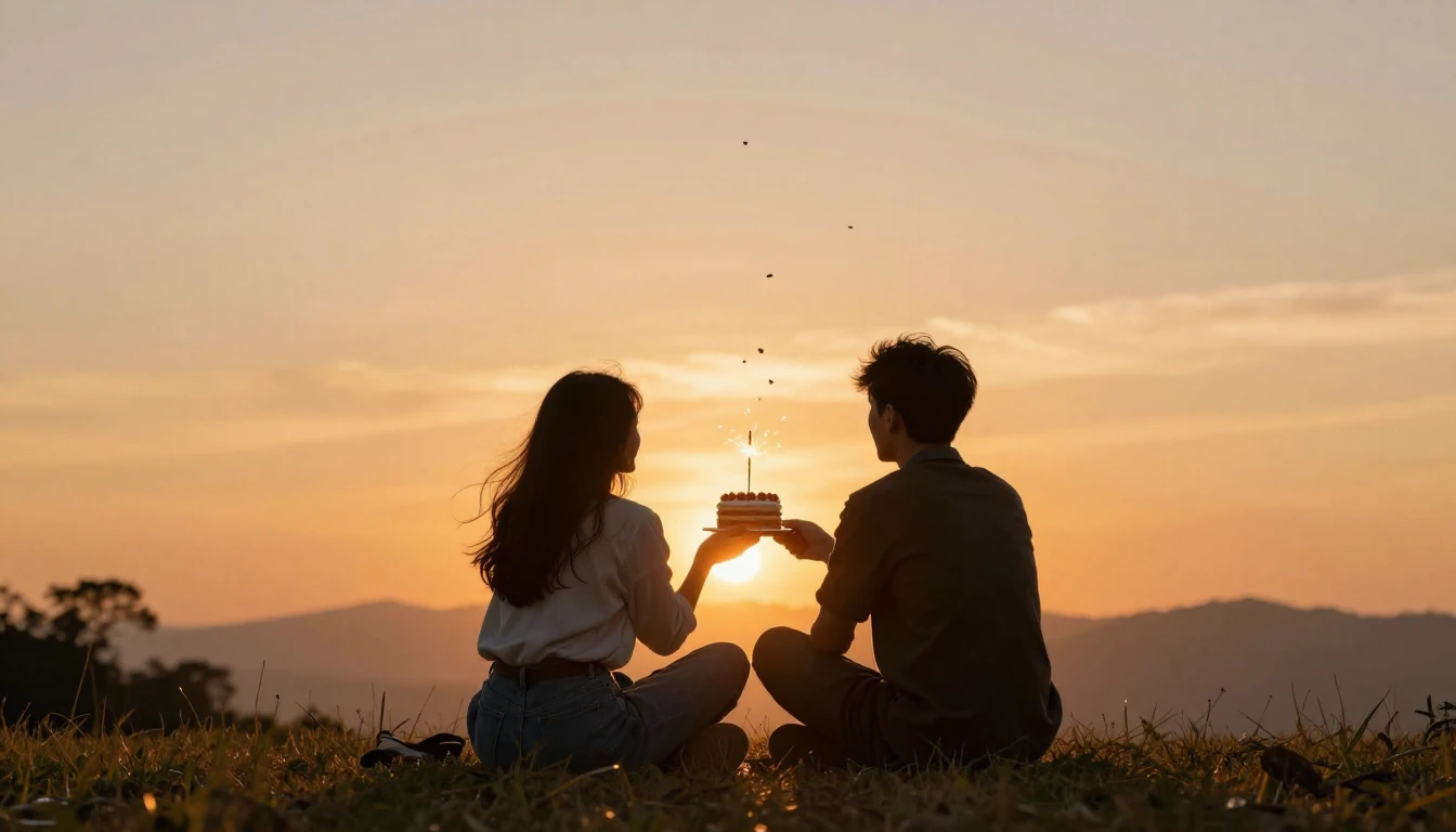 Two friends sitting side by side on a grassy hill overlookin...