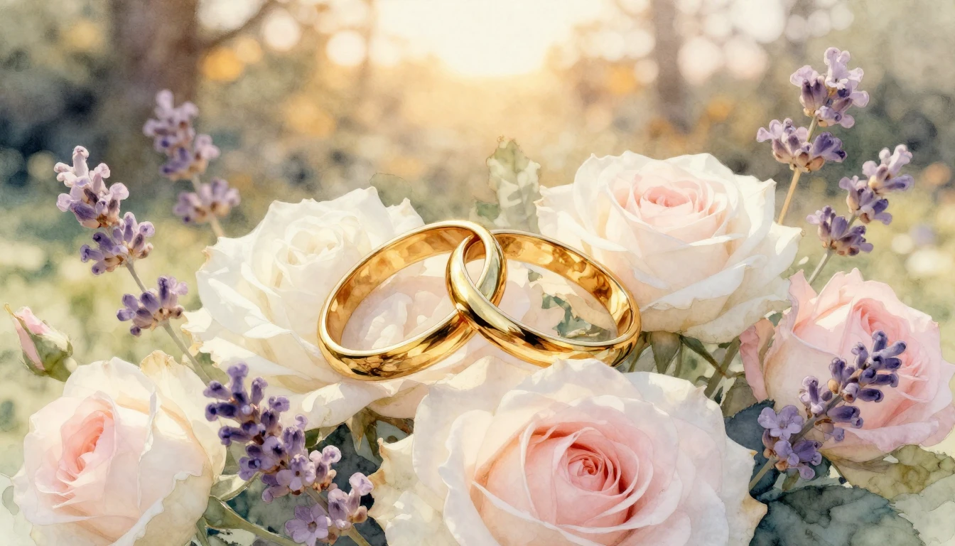 A beautiful watercolor painting of two intertwined golden ri...