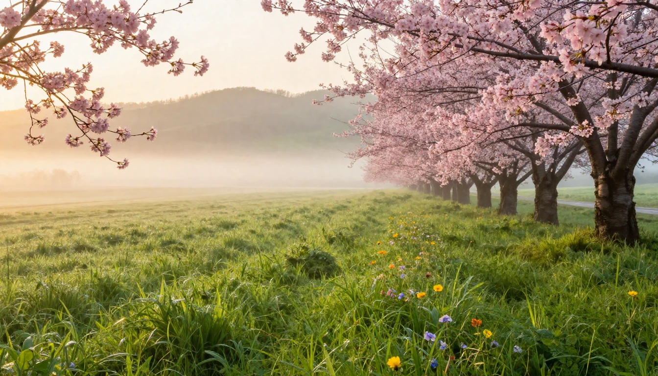 A breathtaking landscape of a lush green meadow at dawn. Del...