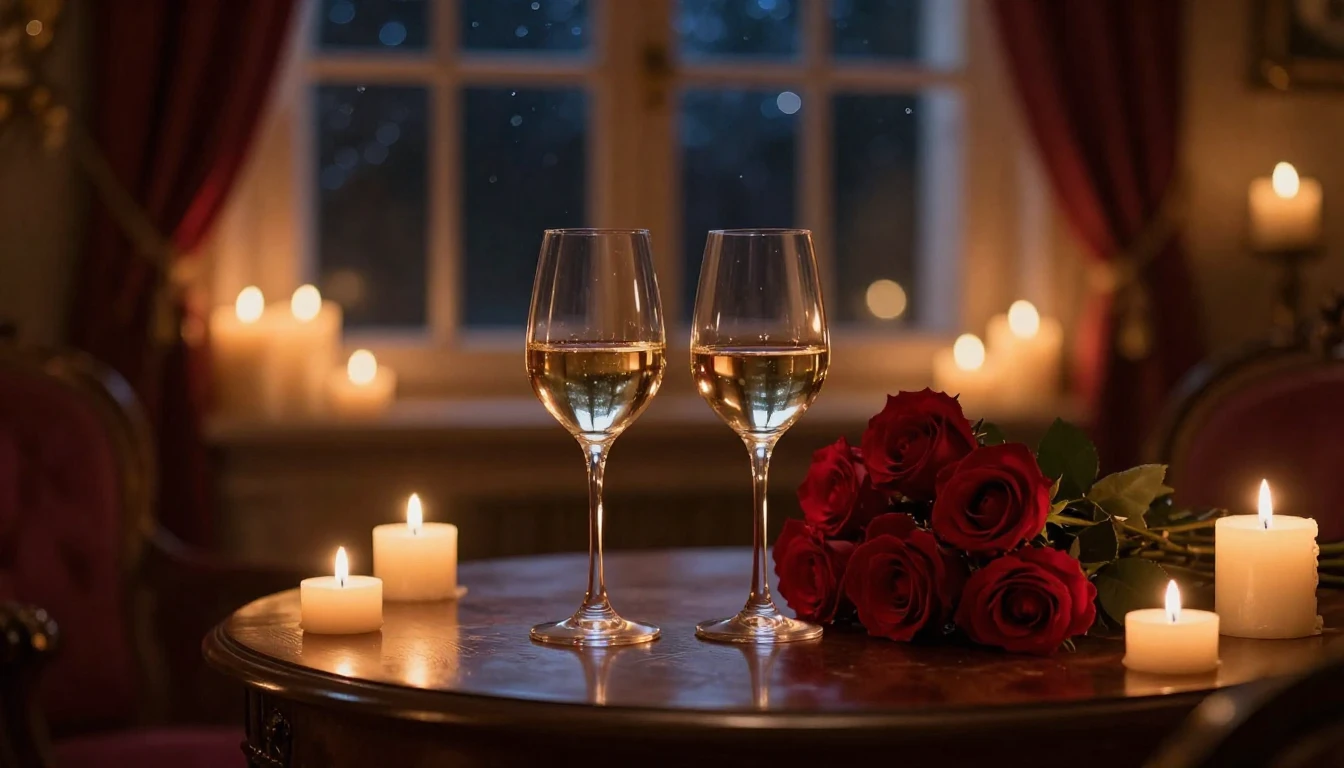 A cozy, dimly lit room filled with the warm glow of numerous...