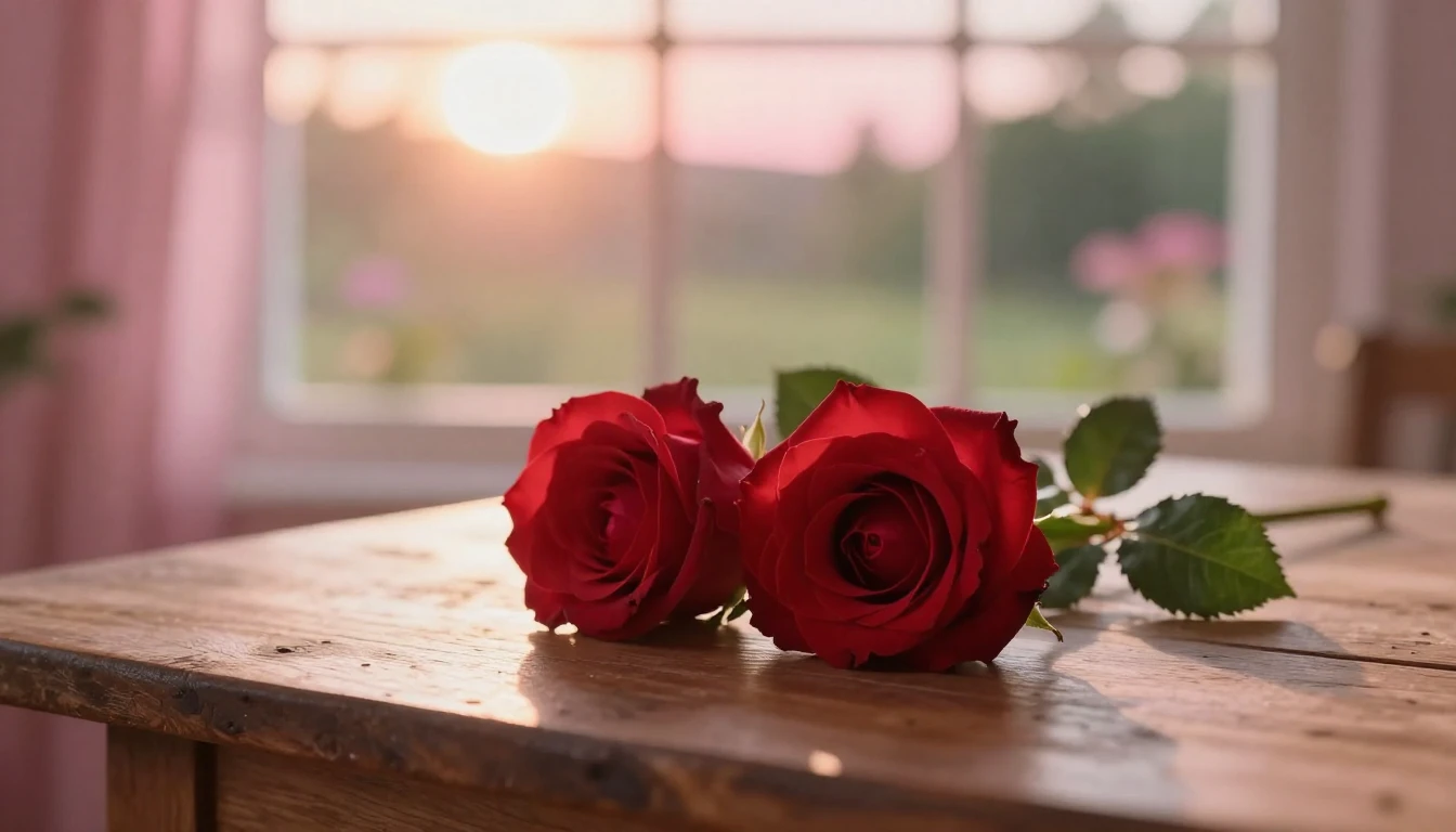 A romantic and dreamy scene featuring two intertwined red ro...