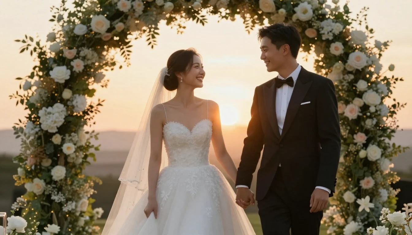 A beautiful cinematic shot of a happy bride and groom holdin...
