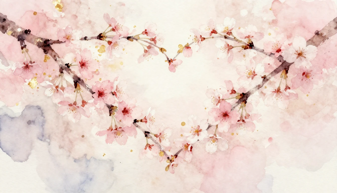 A delicate watercolor painting of two intertwined cherry blo...