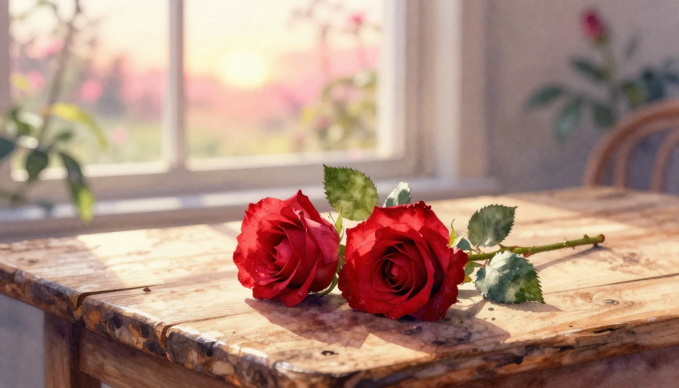 A beautiful watercolor painting of two delicate red roses in...