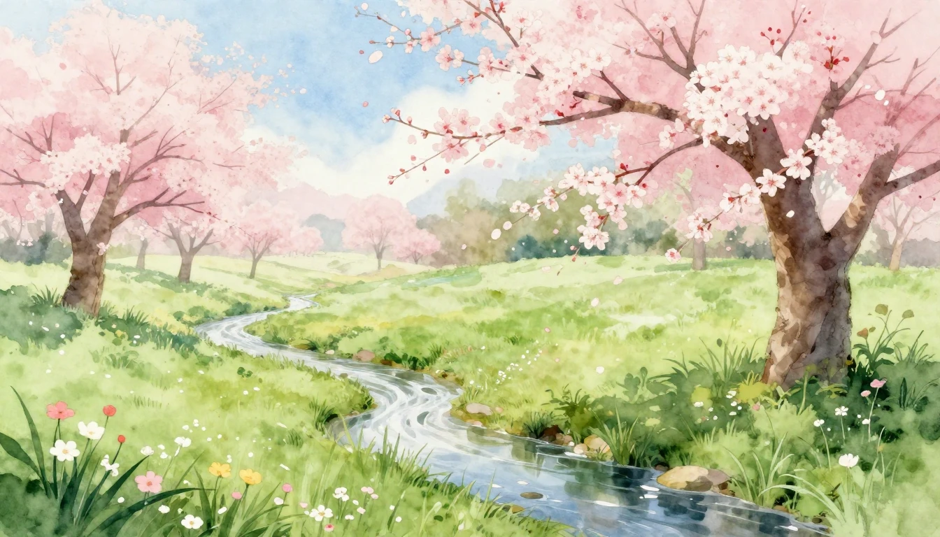 A beautiful watercolor painting of a lush meadow during earl...