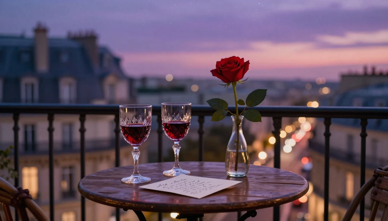 A highly romantic and intimate scene set on a small balcony ...