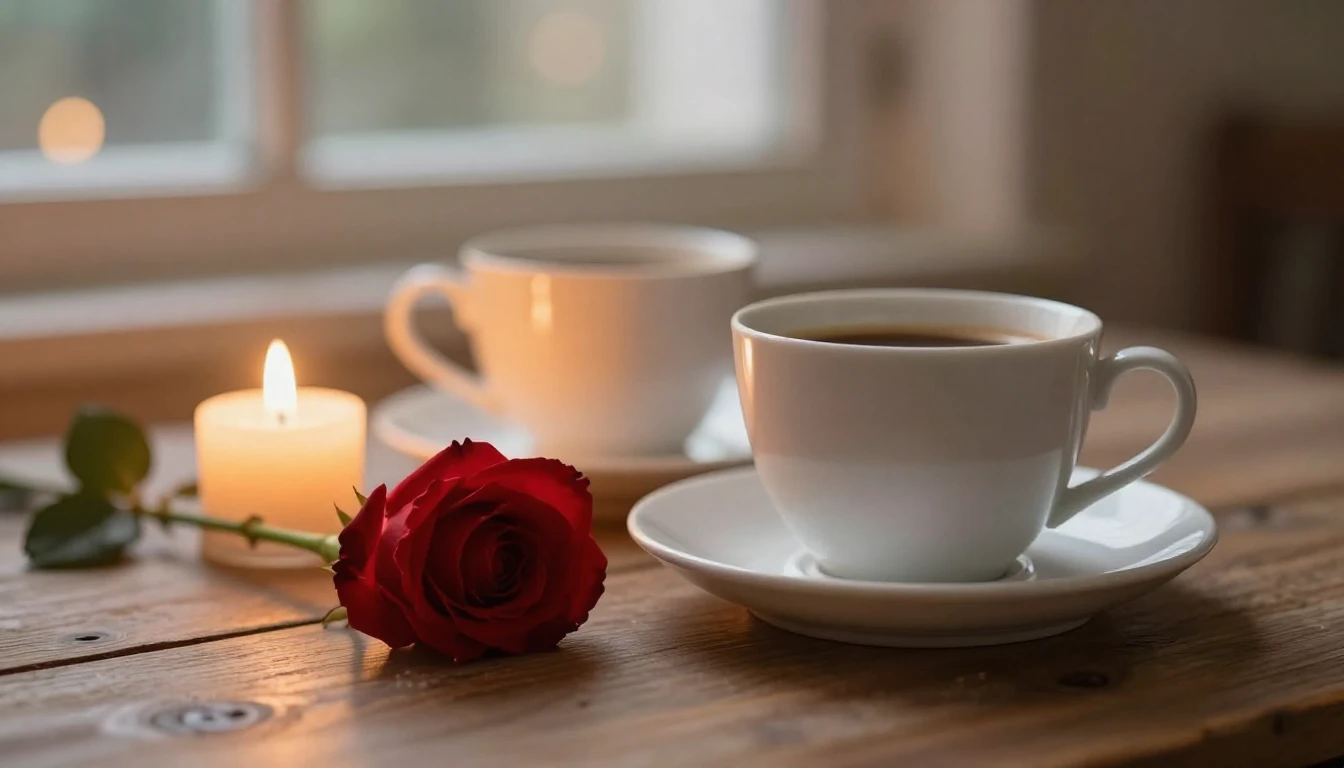 A romantic and cozy close-up scene of two coffee cups on a r...
