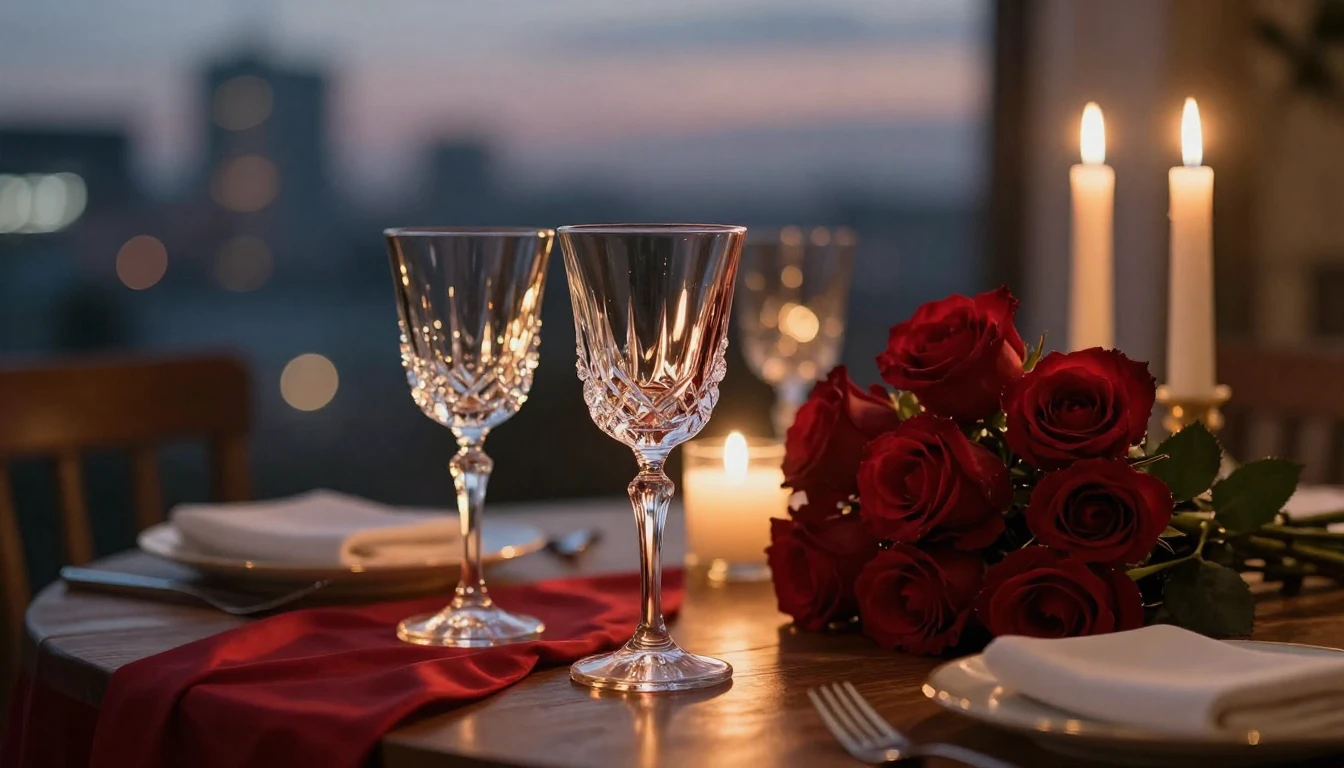 A high-detail photorealistic scene of a romantic dinner sett...