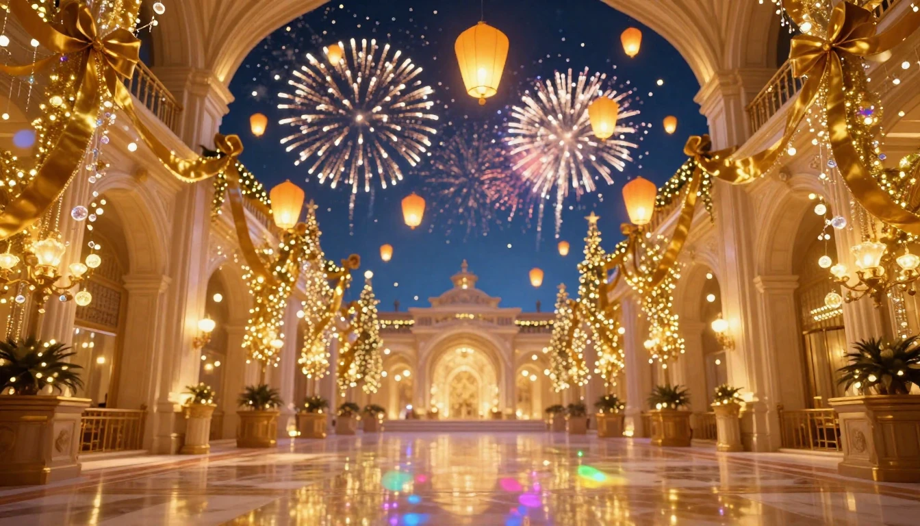 A magnificent festive scene featuring a grand hall filled wi...