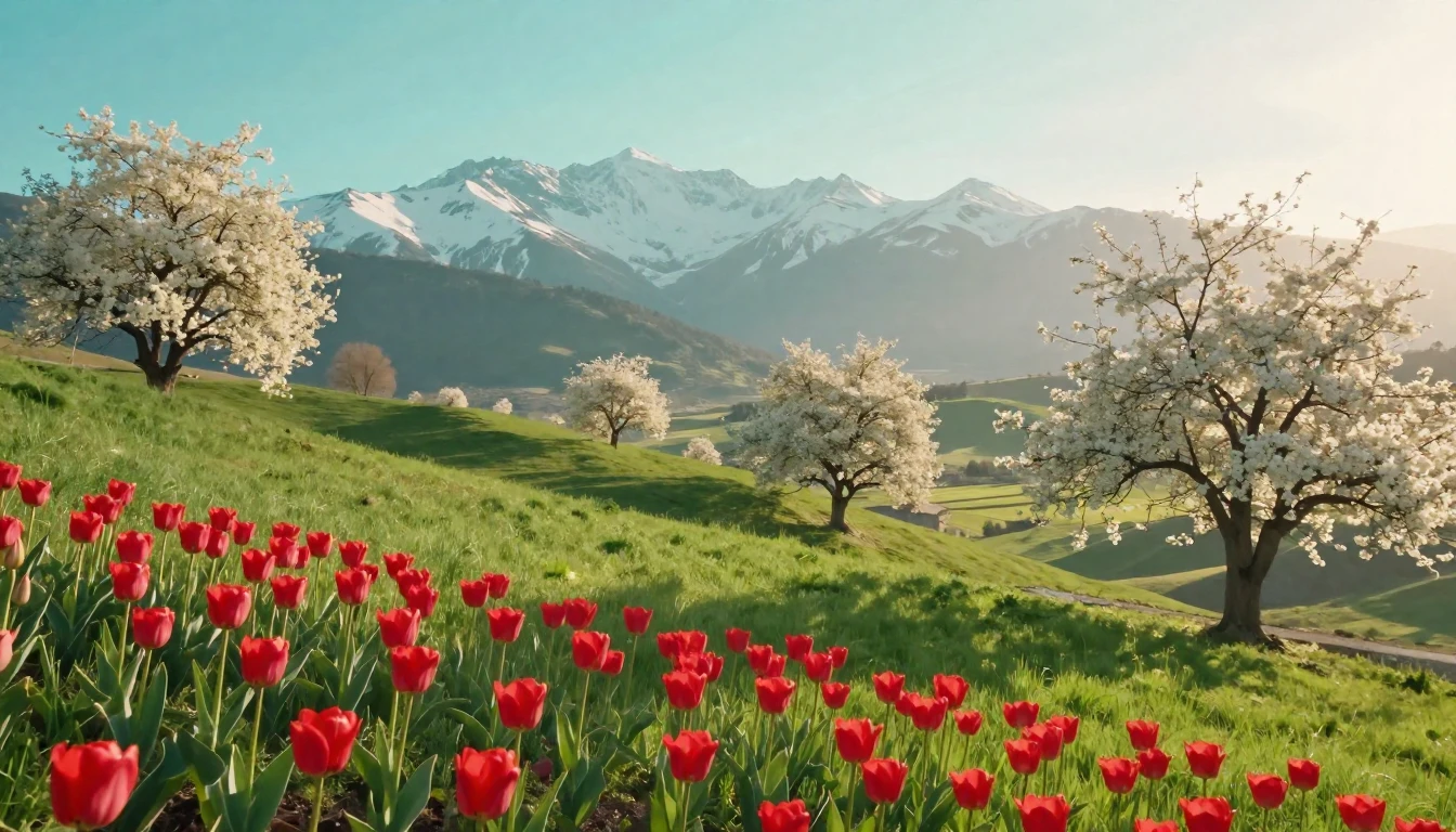 A serene landscape celebrating the arrival of spring and the...