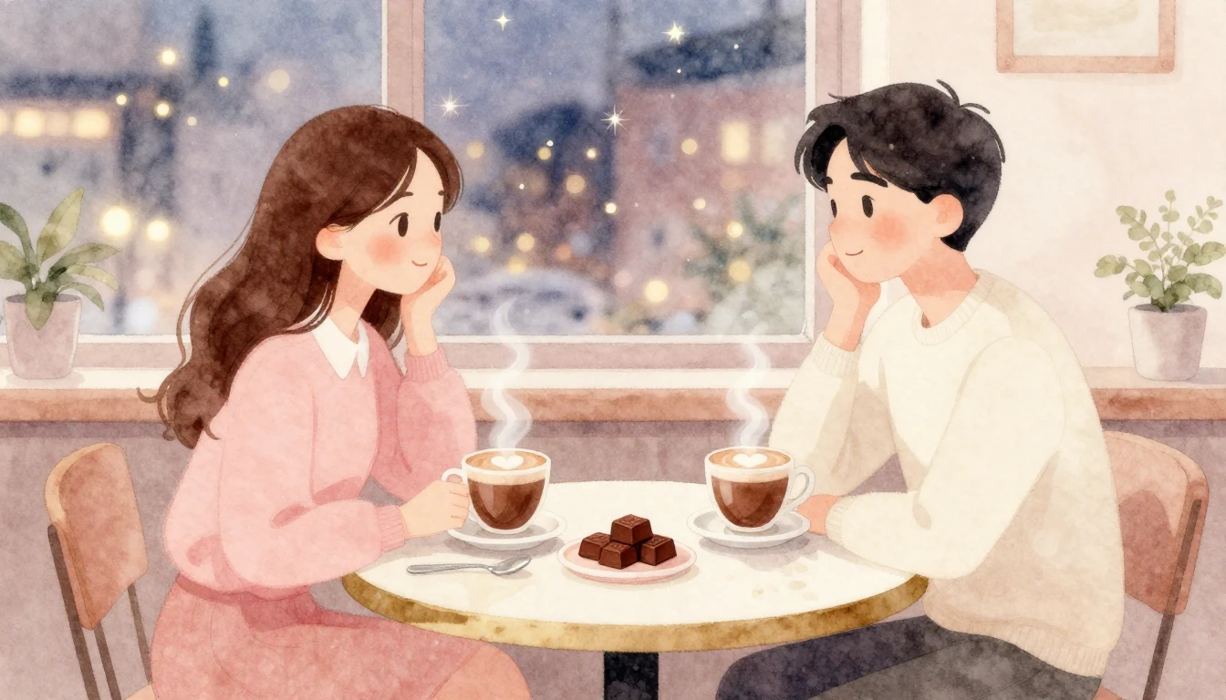 A soft and dreamy watercolor illustration of a cozy cafe tab...