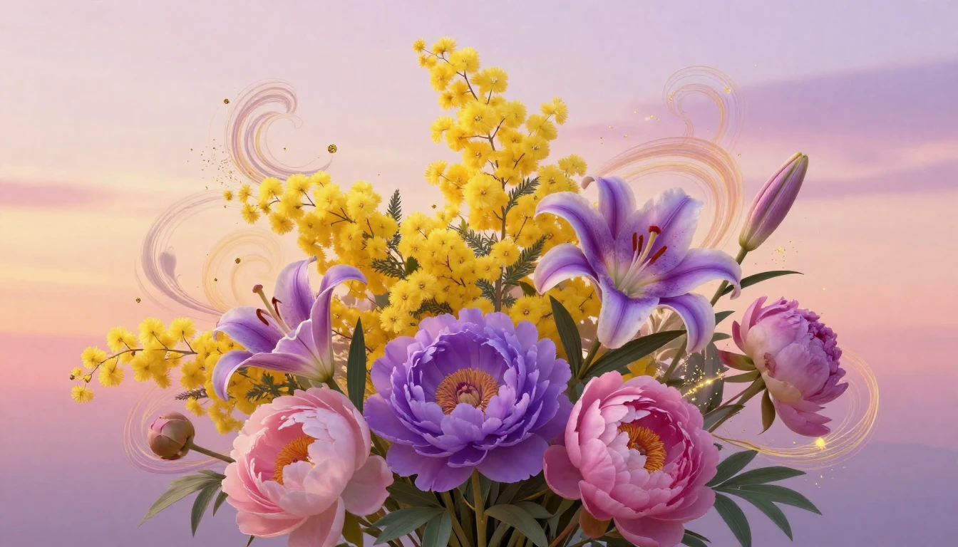 A vibrant and artistic composition featuring a variety of bl...