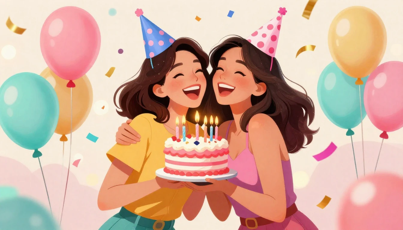 A vibrant and festive illustration of two young women celebr...