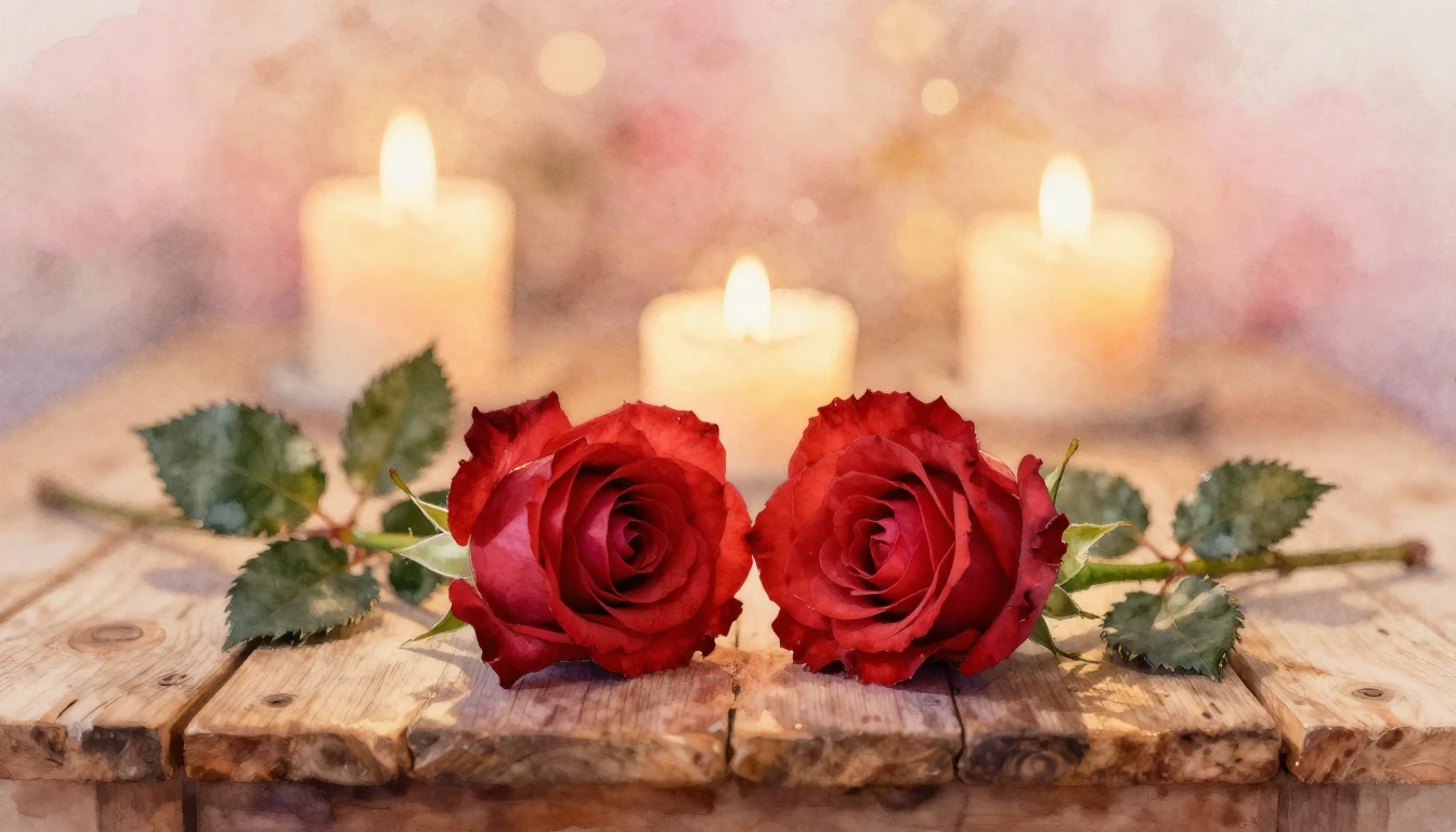 A soft watercolor painting of two delicate red roses leaning...
