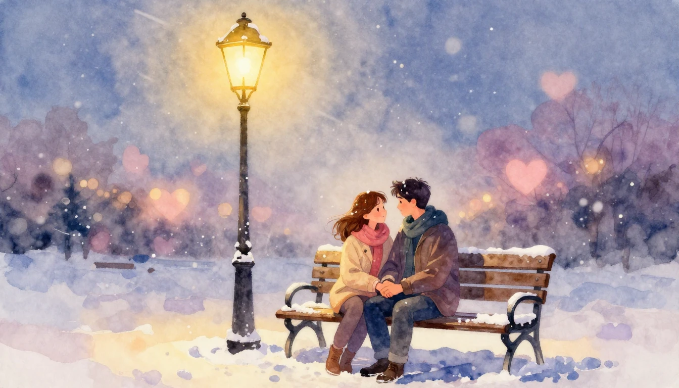 A soft and dreamy watercolor painting depicting a couple sit...