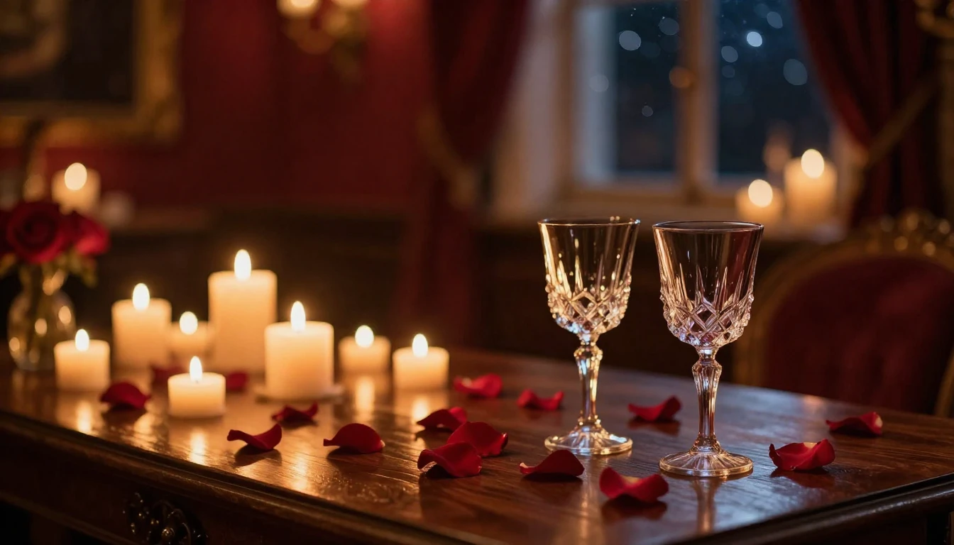 A cozy, dimly lit room filled with the warm glow of numerous...