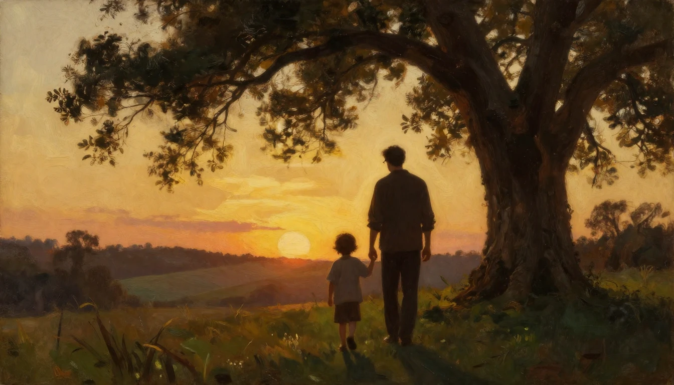 A warm and nostalgic oil painting depicting a silhouette of ...