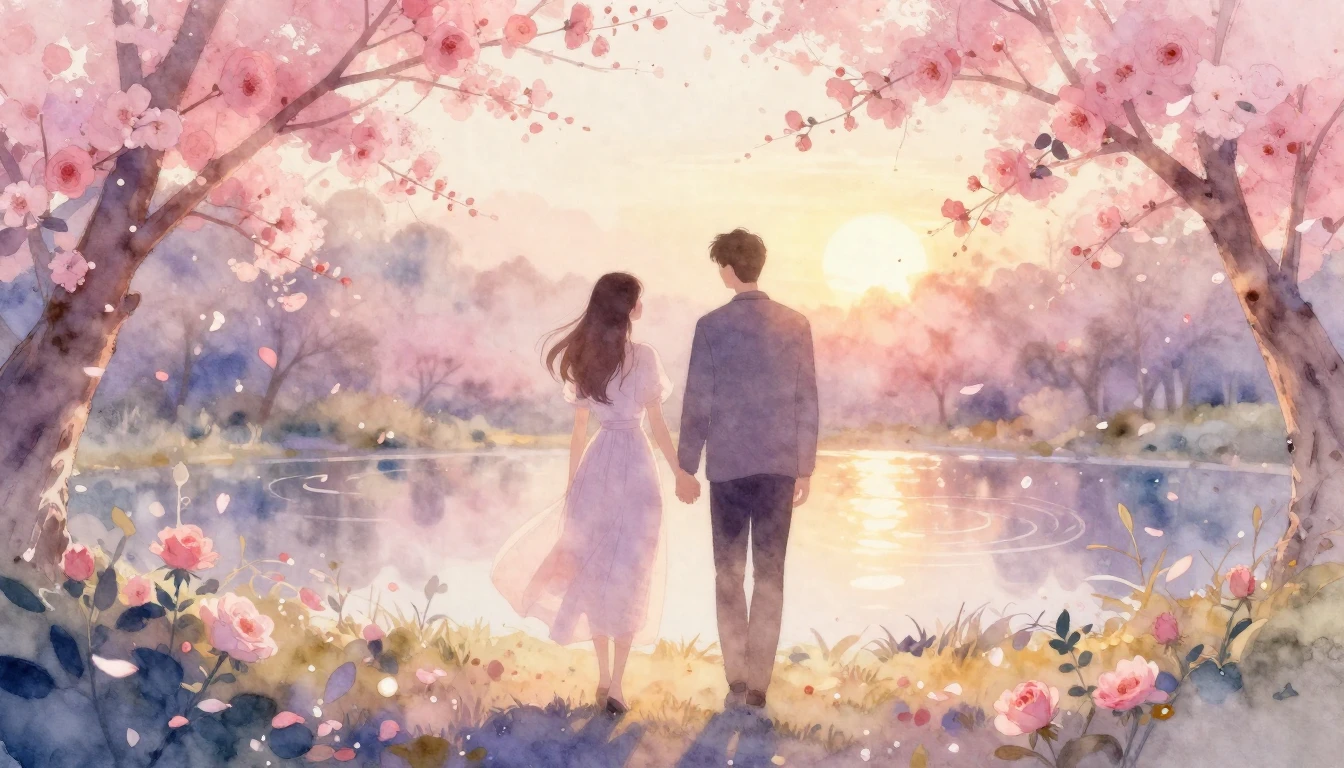 A soft and ethereal watercolor painting depicting two silhou...