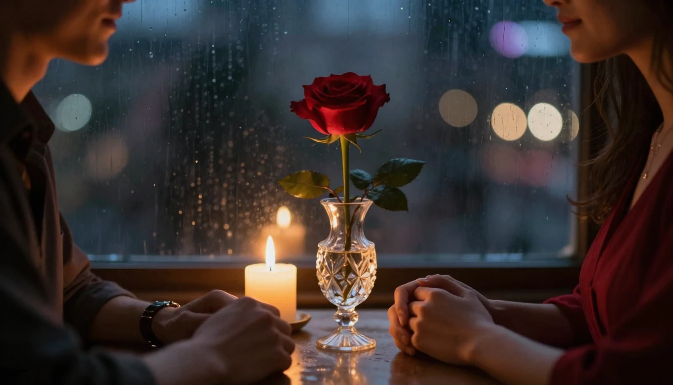 A cinematic close-up shot of a romantic evening setting, sof...