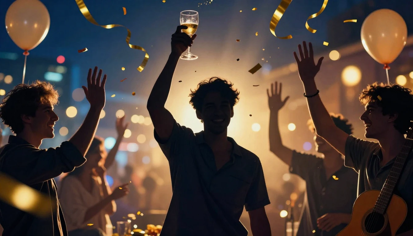 A vibrant and energetic birthday party scene for a male frie...