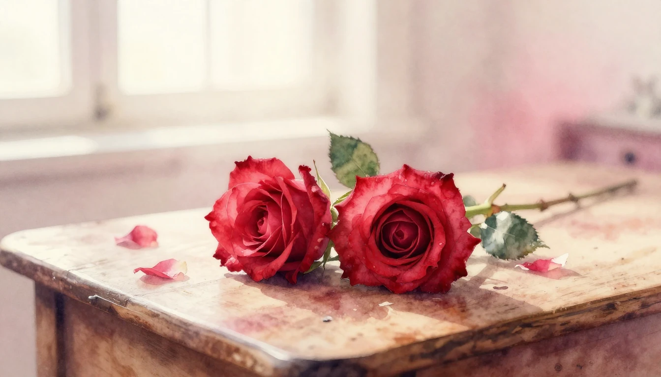 A delicate watercolor painting of two intertwined red roses ...