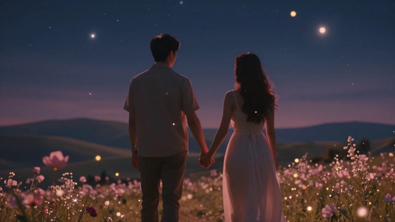 A warm, romantic scene featuring two soft silhouettes walkin...