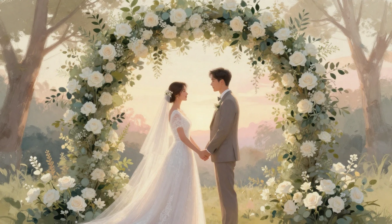 A soft and romantic scene of a bride and groom standing unde...