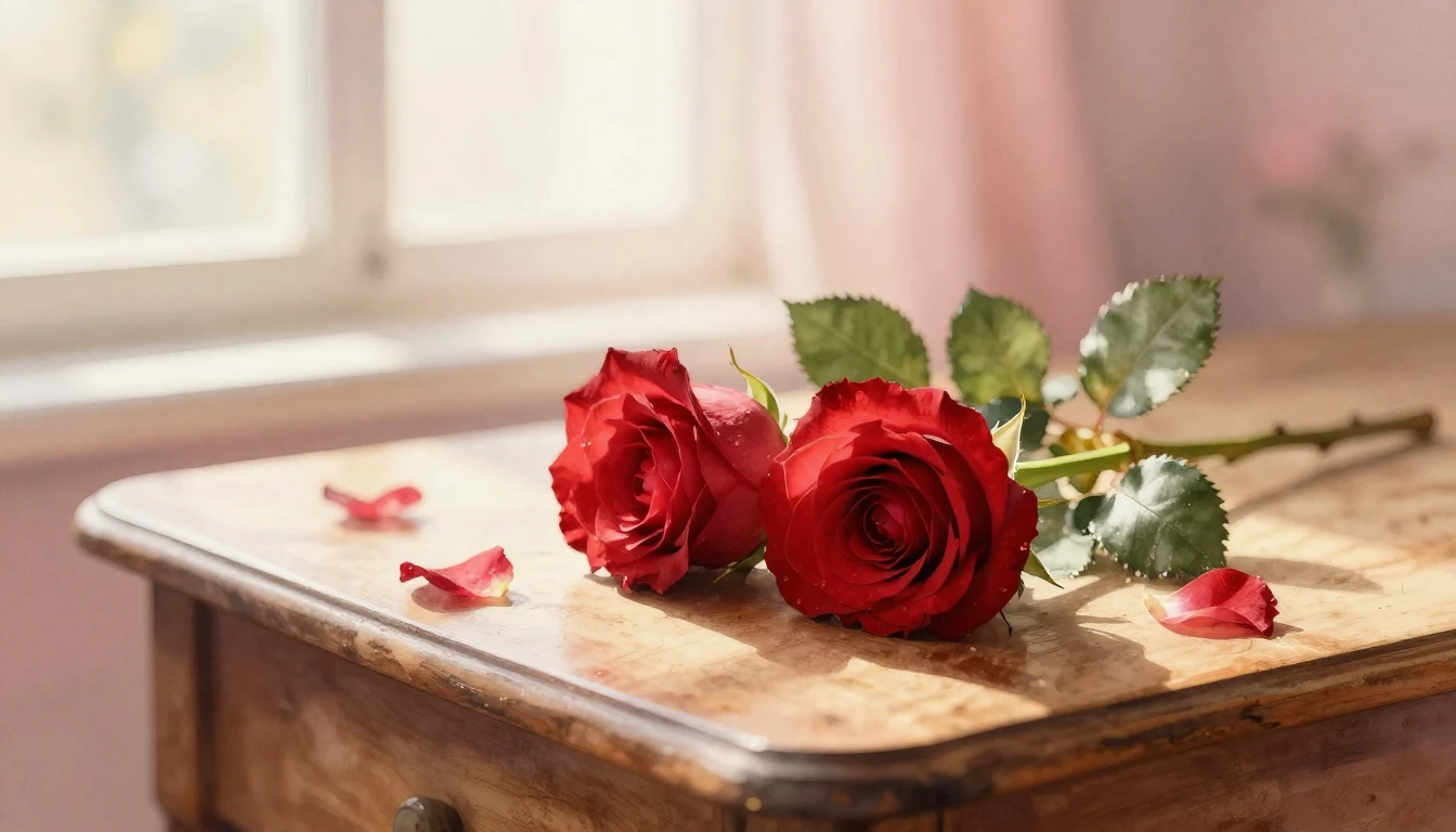 A dreamy watercolor painting of two intertwined red roses re...