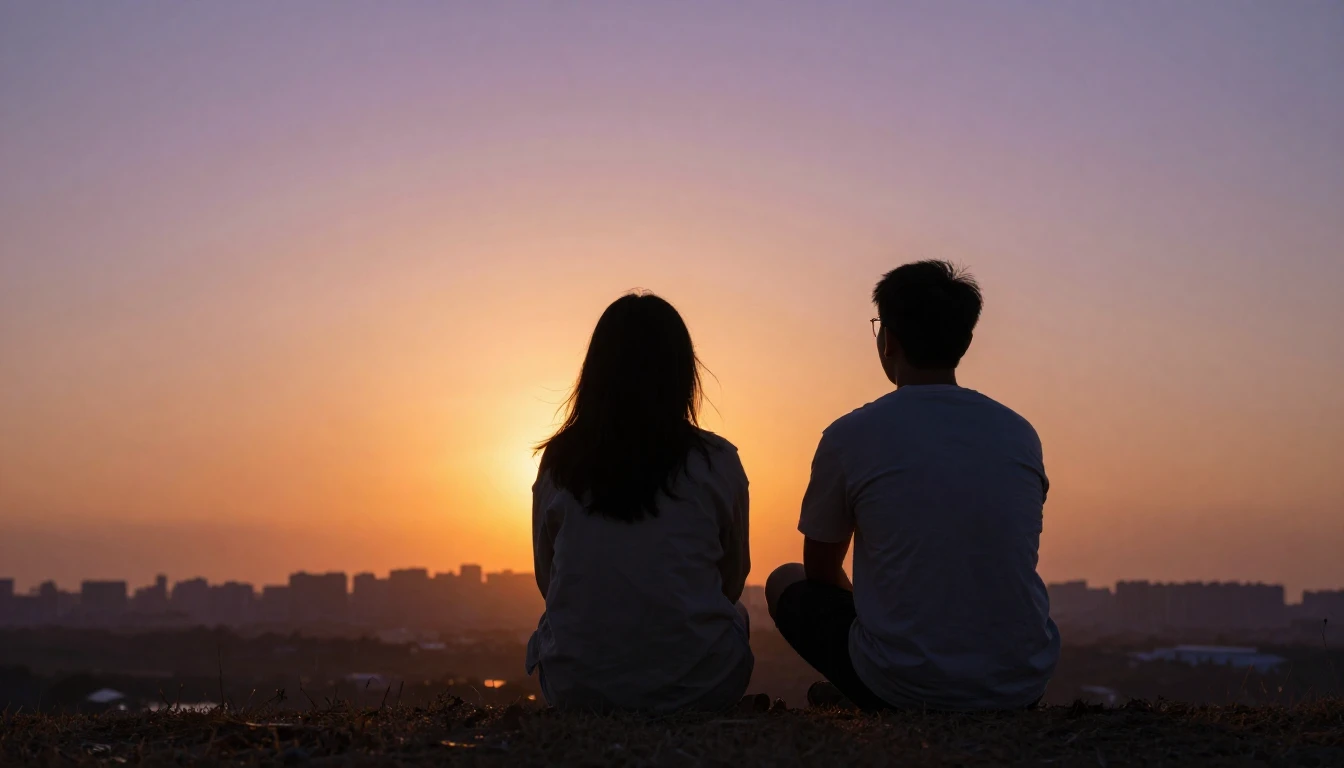 A warm and nostalgic image of two friends sitting on a hill ...